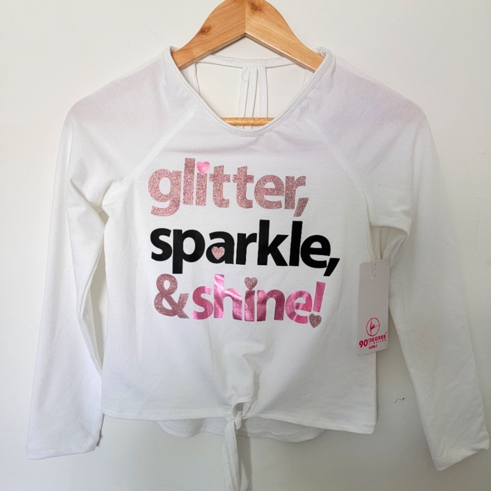 NWT 90° Degree Girls "Glitter, Sparkle & Shine" Front Tie Top White/Pink